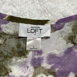 LOFT Watercolor Floral Blouse in Purple and Olive on Cream